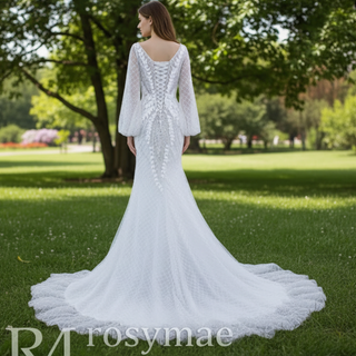 Puff Long Sleeve Mermaid Wedding Dress Modern Bridal Gown