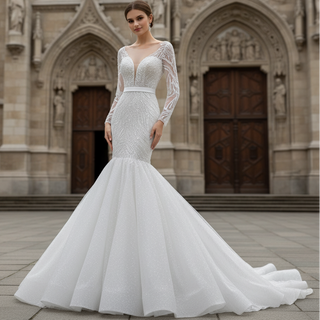 Sparkly Long Sleeve Lace Mermaid Wedding Dress with Low Back