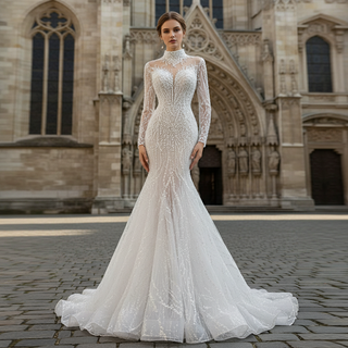 Sheer Sparkly High Neck Trumpet Wedding Dress with Long Sleeves