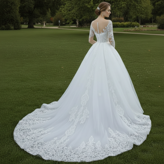 Detachable Skirt Vintage Beaded Lace Wedding Dress with Long Sleeves