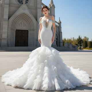 Luxury Off the Shoulder Trumpet Wedding Dress Ruffled Skirt Bridal Gown