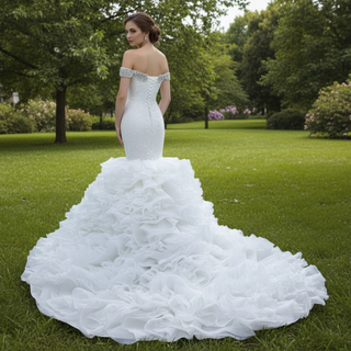 Luxury Off the Shoulder Trumpet Wedding Dress Ruffled Skirt Bridal Gown