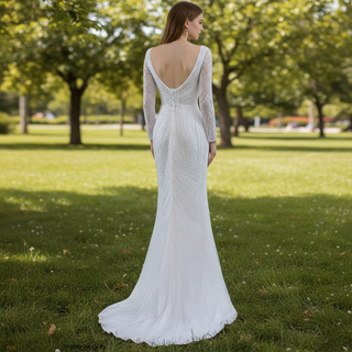 Long Sleeve Beaded Wedding Dress with Detachable Skirt