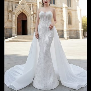 Beaded Sheath Sweetheart Mermaid Wedding Dress with Detachable Skirt