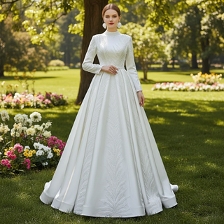 Long Sleeve Beaded Satin Muslim Wedding Dress with High Neck