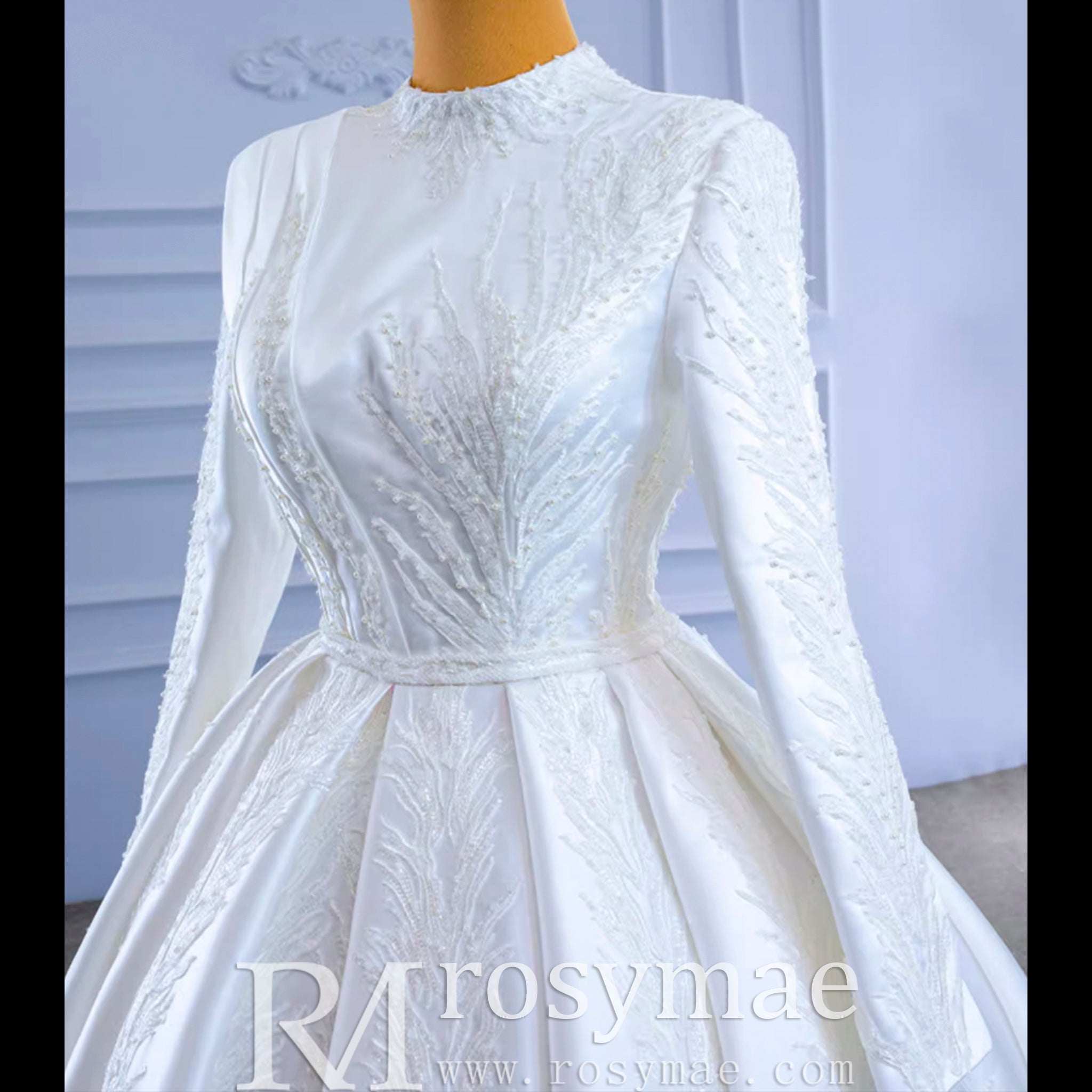 Long Sleeve Beaded Satin Muslim Wedding Dress with High Neck Rosymae Long Sleeve Beaded Satin Muslim Wedding Dress with High Neck Rosymae