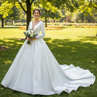 Modest Satin Wedding Dress Beaded Long Sleeve Ball Gown