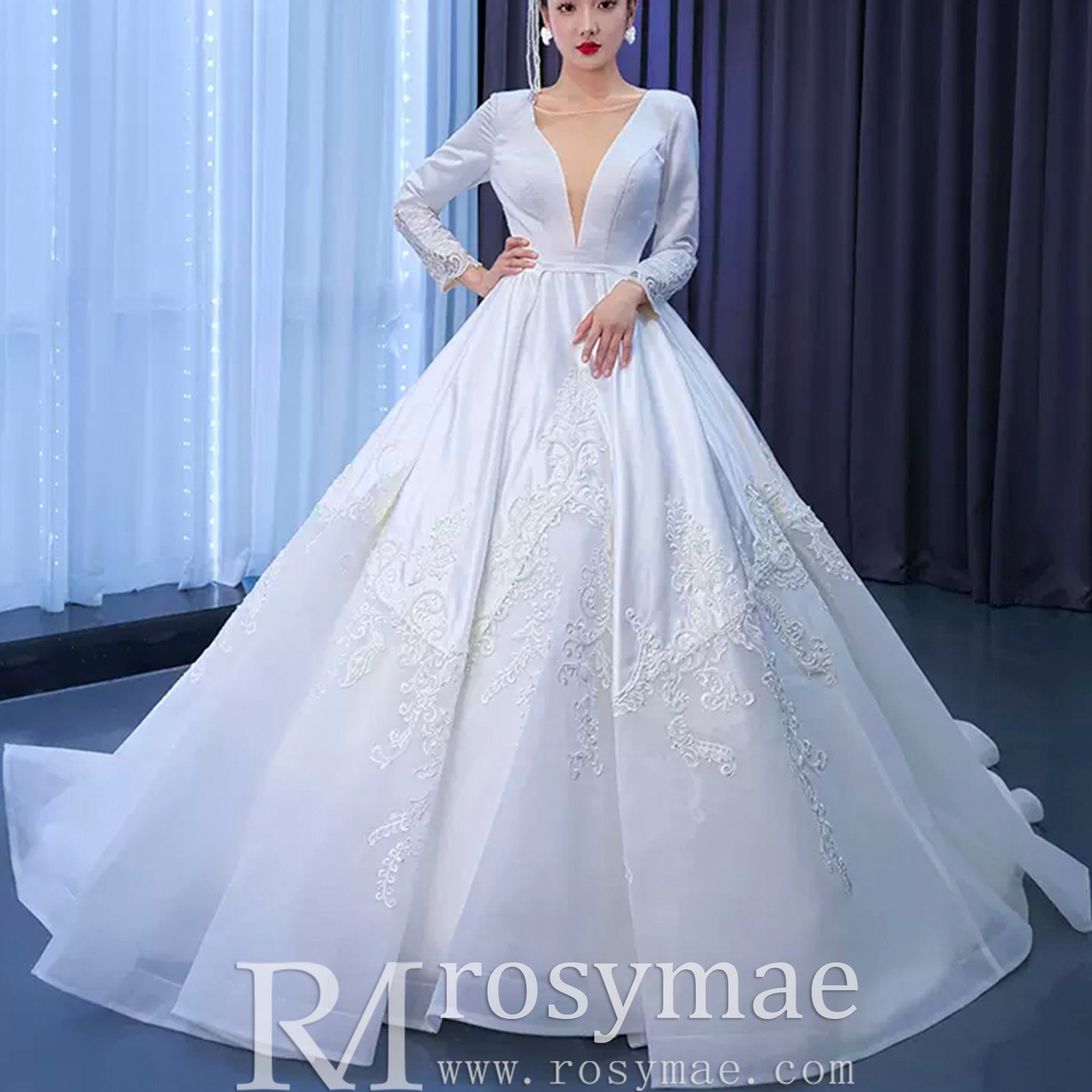 Modest Satin Wedding Dress Beaded Long Sleeve Ball Gown White / 16W Modest Satin Wedding Dress Beaded Long Sleeve Ball Gown White / 16W