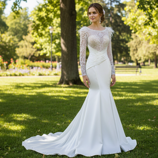 Elegant Mermaid Satin Wedding Dress Pearl Beaded Long Sleeve Bridal Dress