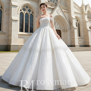satin off the shoulder ball gown wedding dress
