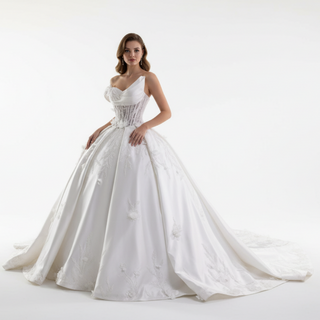 One Sholulder Ball Gown Wedding Dress with Asymmetrical Neckline