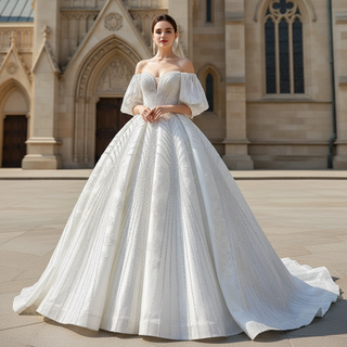 Luxury Beaded Sparkly Ball Gown Puffy Wedding Gown with Bishop Sleeve