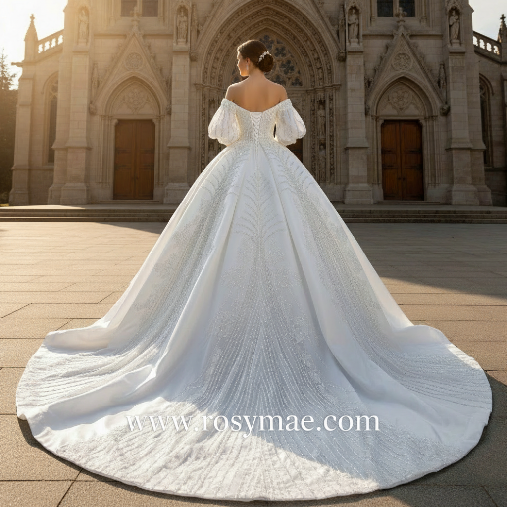 Luxury Beaded Sparkly Ball Gown Puffy Wedding Gown with Bishop Sleeve White / 26W Luxury Beaded Sparkly Ball Gown Puffy Wedding Gown with Bishop Sleeve White / 26W