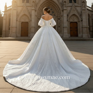 Luxury Beaded Sparkly Ball Gown Puffy Wedding Gown with Bishop Sleeve