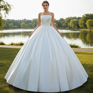 Elegant Strapless Satin Ball Gown Wedding Dress Minimalist Bridal Gown