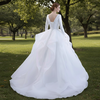 Long Sleeve Ruffled V-neck Ball Gown Tulle Wedding Dress