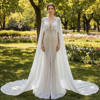Sheer Modern Pearl Wedding Dress with Long Cape Sleeves And Slit