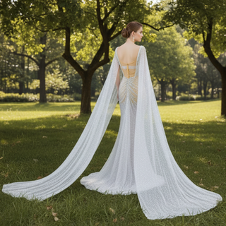 Sheer Modern Pearl Wedding Dress with Long Cape Sleeves And Slit
