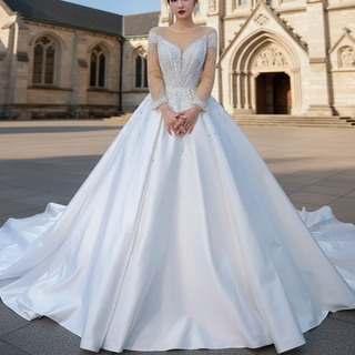 Sheer Long Sleeve Satin Ball Gown Wedding Dress with Sheer Neck