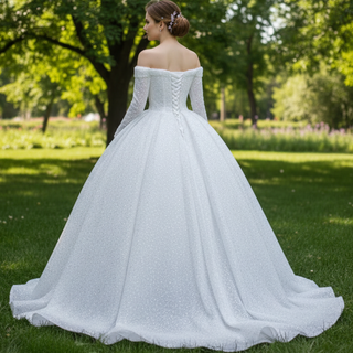 Luxury Beaded Sparkly Wedding Dress with Off the Shoulder Long Sleeve