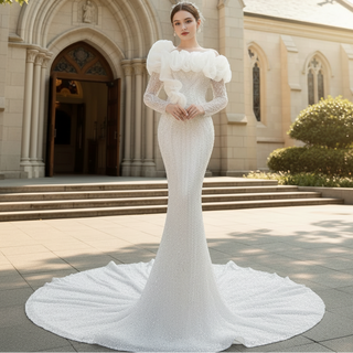 Pearl Beaded Mermaid Ruffle Wedding Dress with Long Sleeve