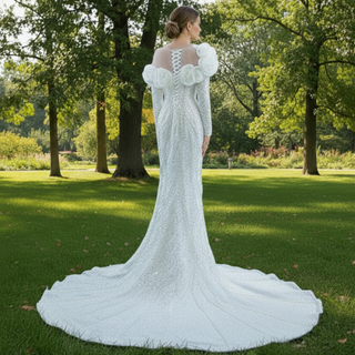 Pearl Beaded Mermaid Ruffle Wedding Dress with Long Sleeve