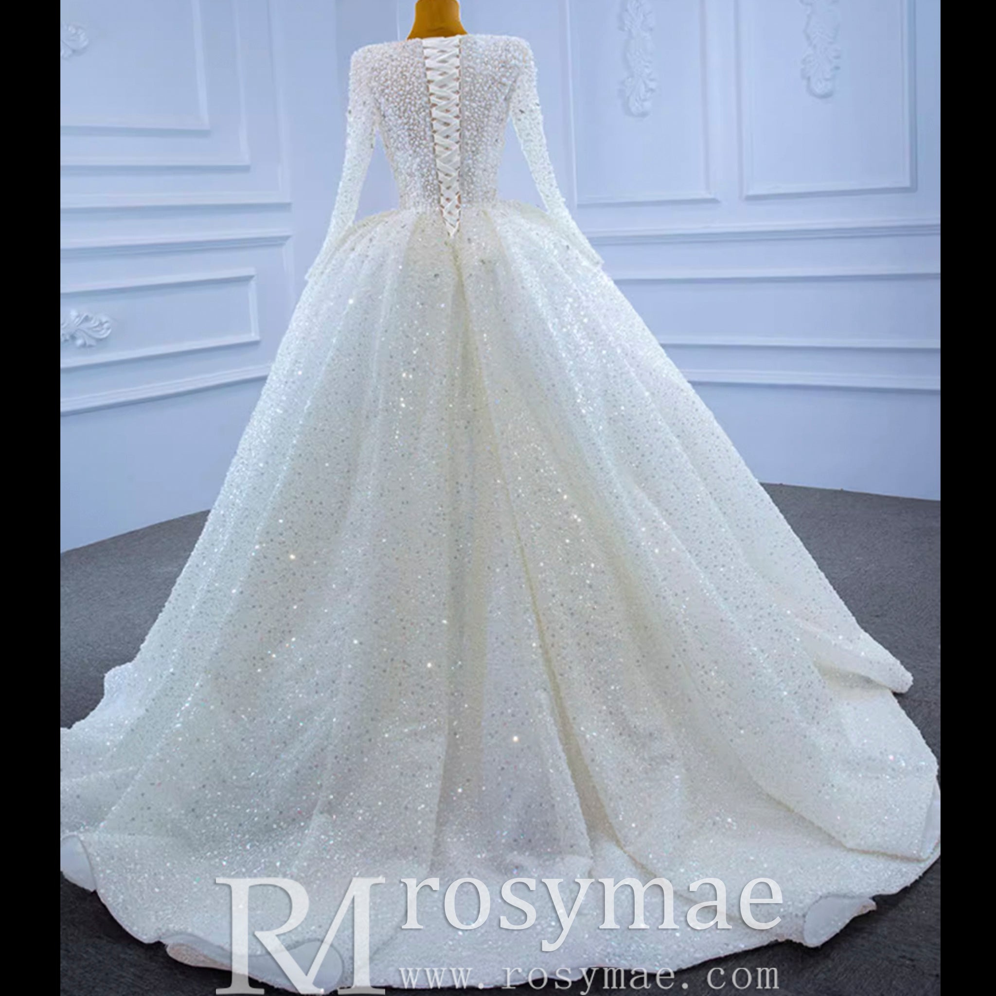 Long Sleeve Ball Gown V-neck Wedding Dress with Beaded Pearl Ivory / 2 Long Sleeve Ball Gown V-neck Wedding Dress with Beaded Pearl Ivory / 2