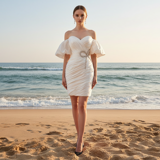 Convertible Short Above Knee Wedding Dress with Detachable Train