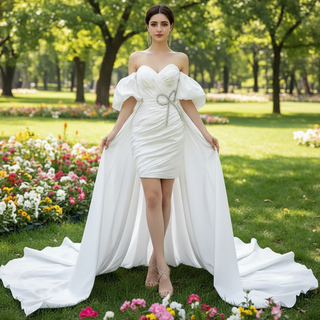 Convertible Short Above Knee Wedding Dress with Detachable Train