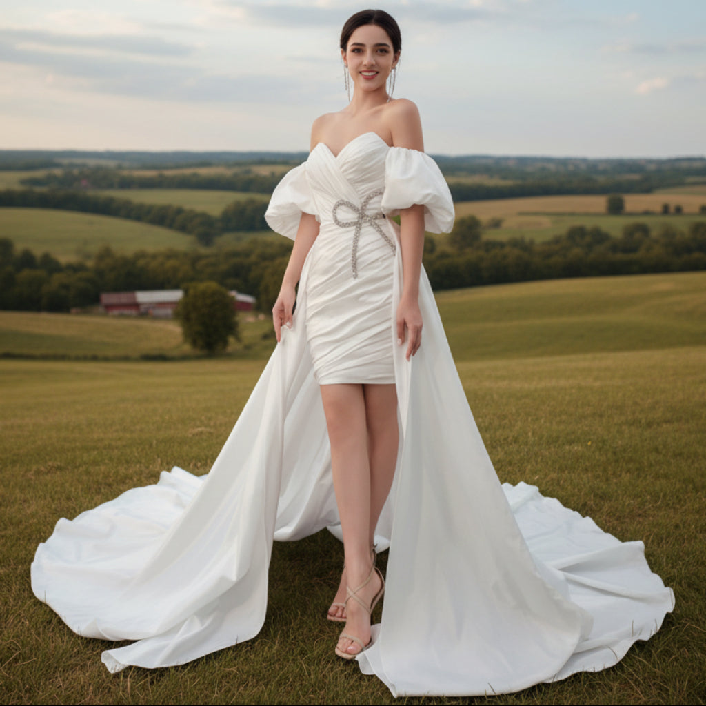 Convertible Short Above Knee Wedding Dress with Detachable Train White / 12 Convertible Short Above Knee Wedding Dress with Detachable Train White / 12