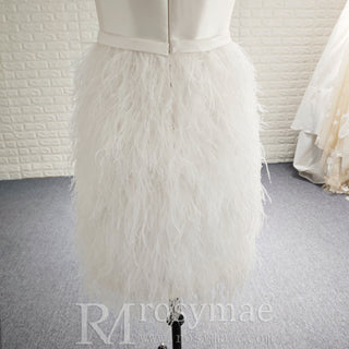 White Square Neck Satin Bodice Ostrich Feather Short Cocktail Dress