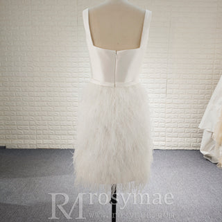 White Square Neck Satin Bodice Ostrich Feather Short Cocktail Dress