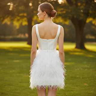 White Square Neck Satin Bodice Ostrich Feather Short Cocktail Dress