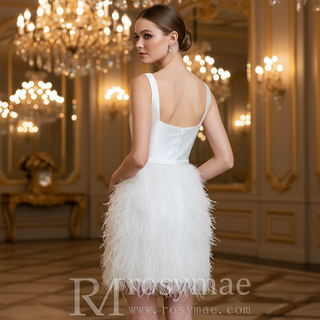 White Square Neck Satin Bodice Ostrich Feather Short Cocktail Dress