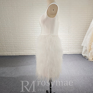 White Square Neck Satin Bodice Ostrich Feather Short Cocktail Dress