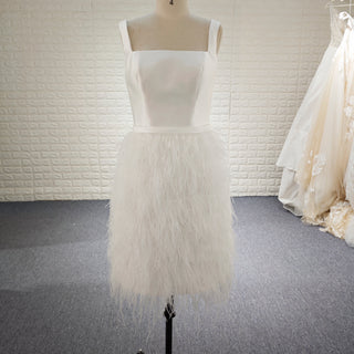 White Square Neck Satin Bodice Ostrich Feather Short Cocktail Dress