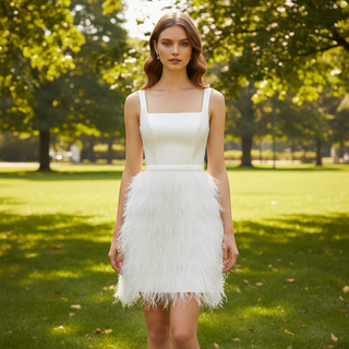 White Square Neck Satin Bodice Ostrich Feather Short Cocktail Dress