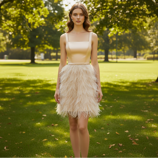 White Square Neck Satin Bodice Ostrich Feather Short Cocktail Dress