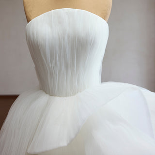White Strapless Pleated Tulle Ball Gown Wedding Dress with Sculptural Layered Ruffle & Train