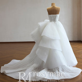 White Strapless Pleated Tulle Ball Gown Wedding Dress with Sculptural Layered Ruffle & Train