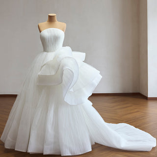 White Strapless Pleated Tulle Ball Gown Wedding Dress with Sculptural Layered Ruffle & Train
