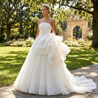 White Strapless Pleated Tulle Ball Gown Wedding Dress with Sculptural Layered Ruffle & Train