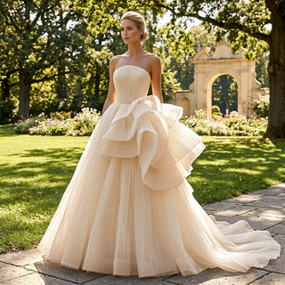 White Strapless Pleated Tulle Ball Gown Wedding Dress with Sculptural Layered Ruffle & Train