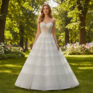 Strapless Sweetheart Rhinestone A-Line Wedding Dress with Horizontal Beaded Stripes