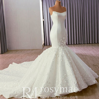 Luxury Strapless Bridal Gown Trumpet Wedding Dress with 3D Flower