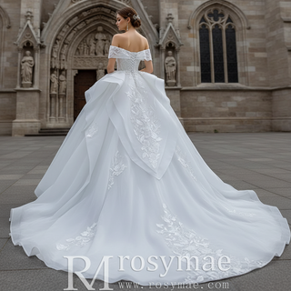Off Shoulder Lace Applique Wedding Gown Puffy Wedding Dress