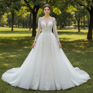 Long Sleeve Mermaid Lace Wedding Dress with Detachable Train