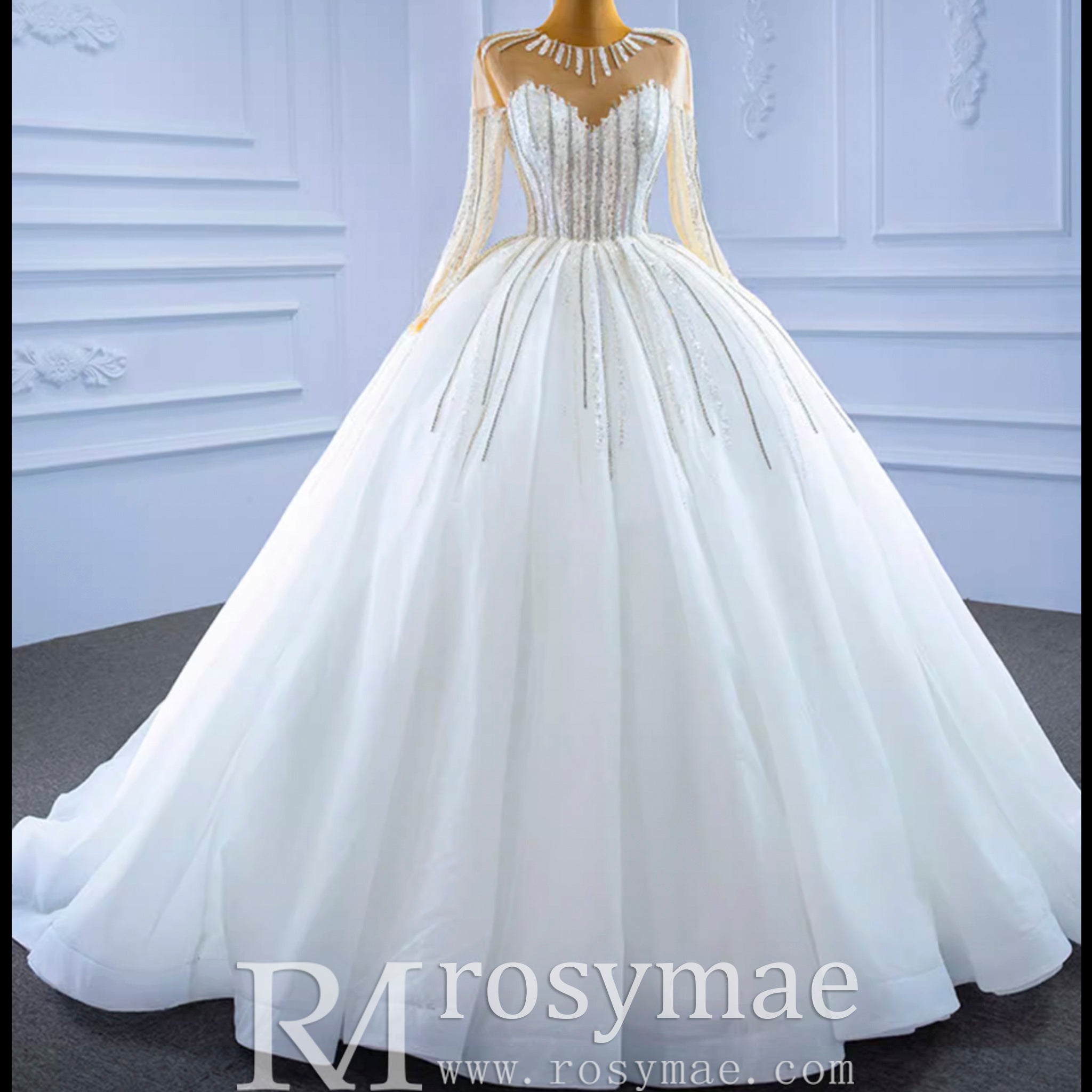 Vintage Beaded Ball Gown Puffy Wedding Dress with Long Sleeve White / 18 Vintage Beaded Ball Gown Puffy Wedding Dress with Long Sleeve White / 18