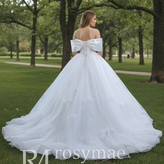 Big Bow Puffy Wedding Dresses Glittery Ball Gown Bridal Gowns