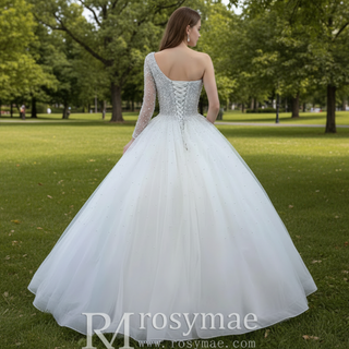 Beaded Pearls Ball Gown Wedding Dress with One Shoulder Long Sleeve